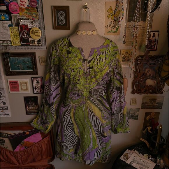 Embroidered Tunic Mini Dress Women's Medium Purple Green Abstract Paisley Print - Picture 1 of 8